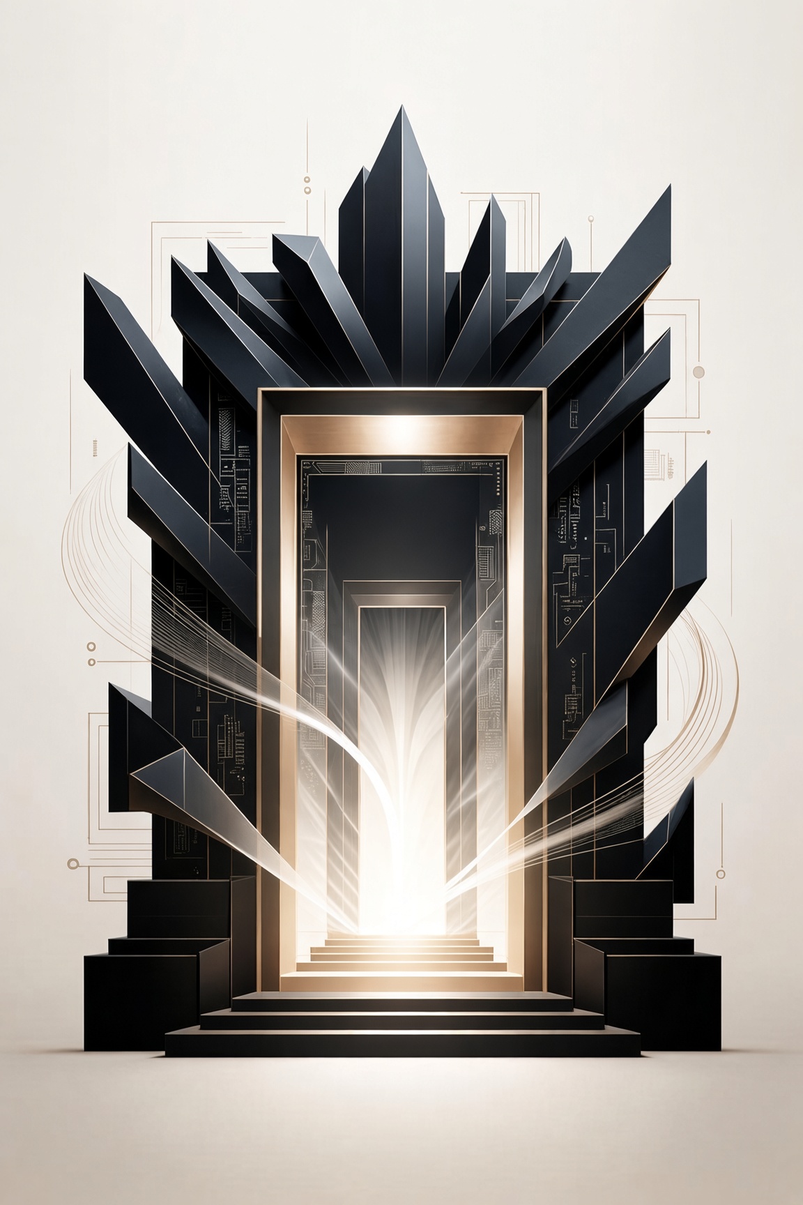 The Foyer Hall mark: a lit doorway framed in brass, angular slabs stepping away from it to both sides.